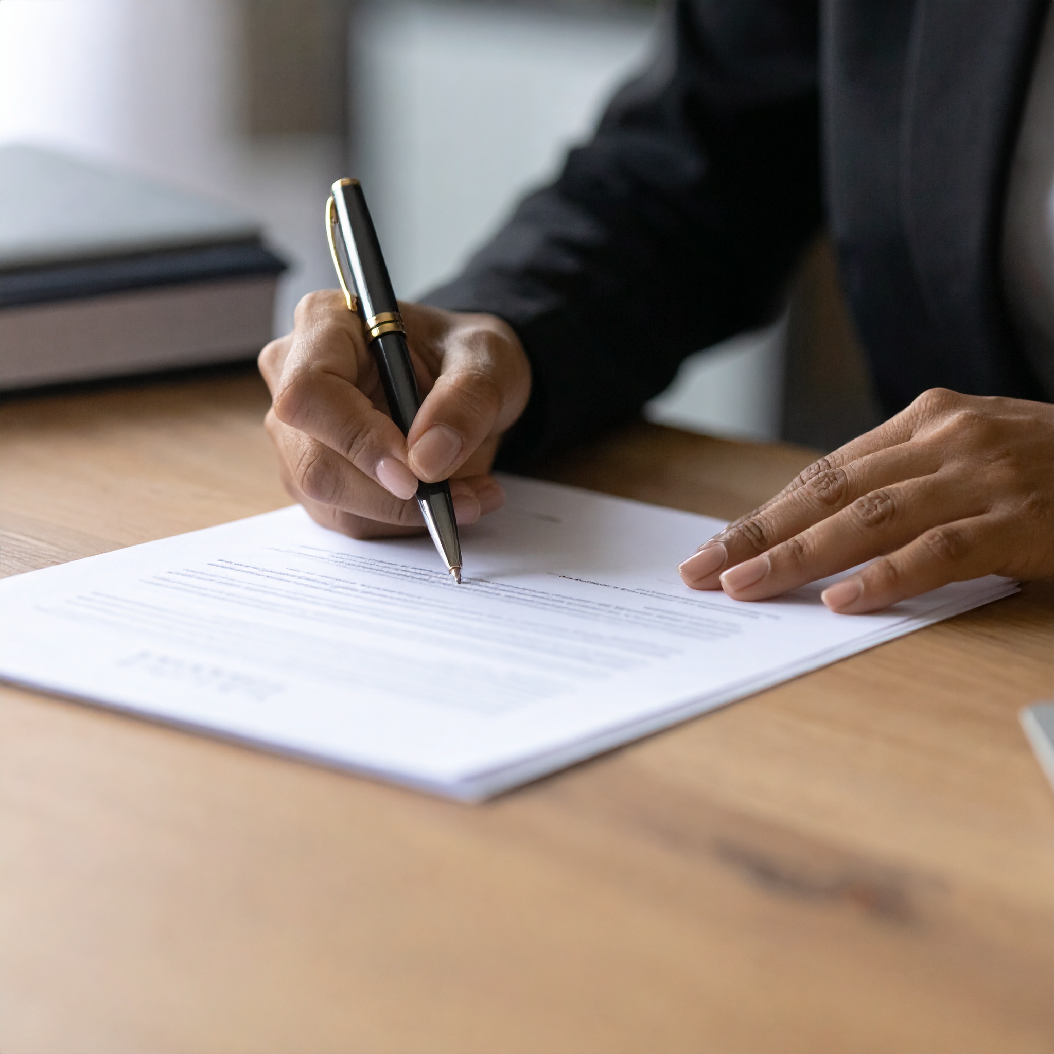Firefly_A paralegal or business professional reviewing a printed contract with a pen in hand, 168280