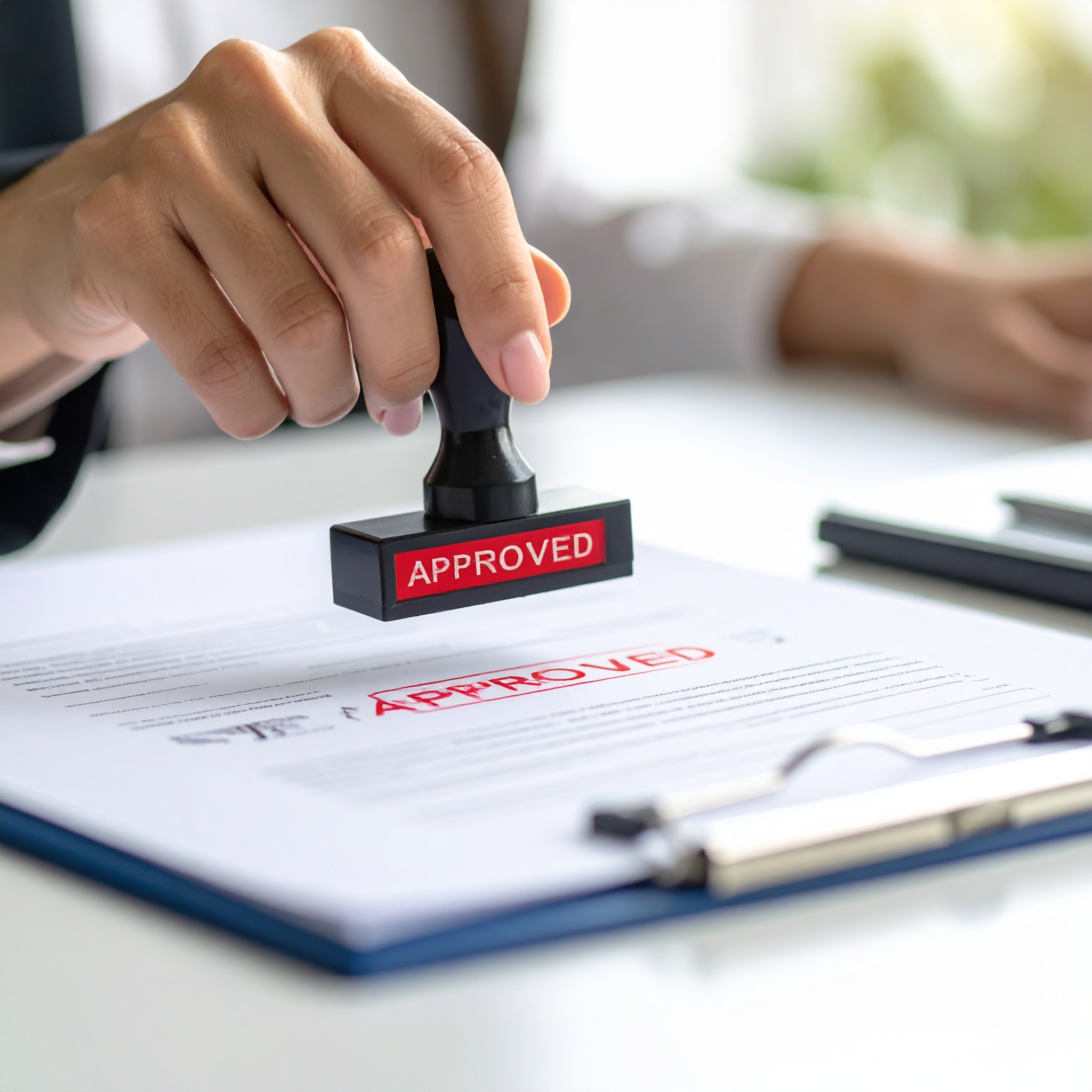 Firefly_Close-up of hands stamping a business registration form with a bold red “APPROVED” st 955606